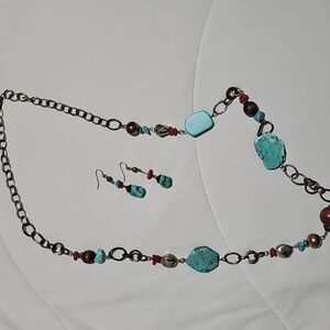 Turquoise and Brown Beaded Necklace and Earring Set